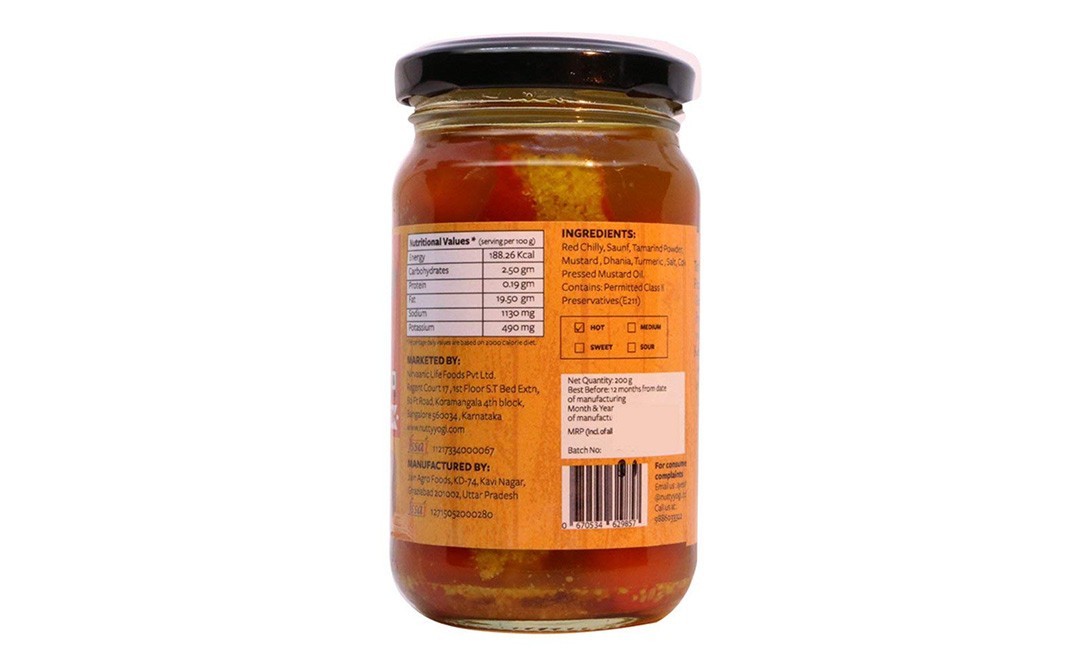 Nutty Yogi Whole Red Chilly Pickle    Glass Jar  200 grams